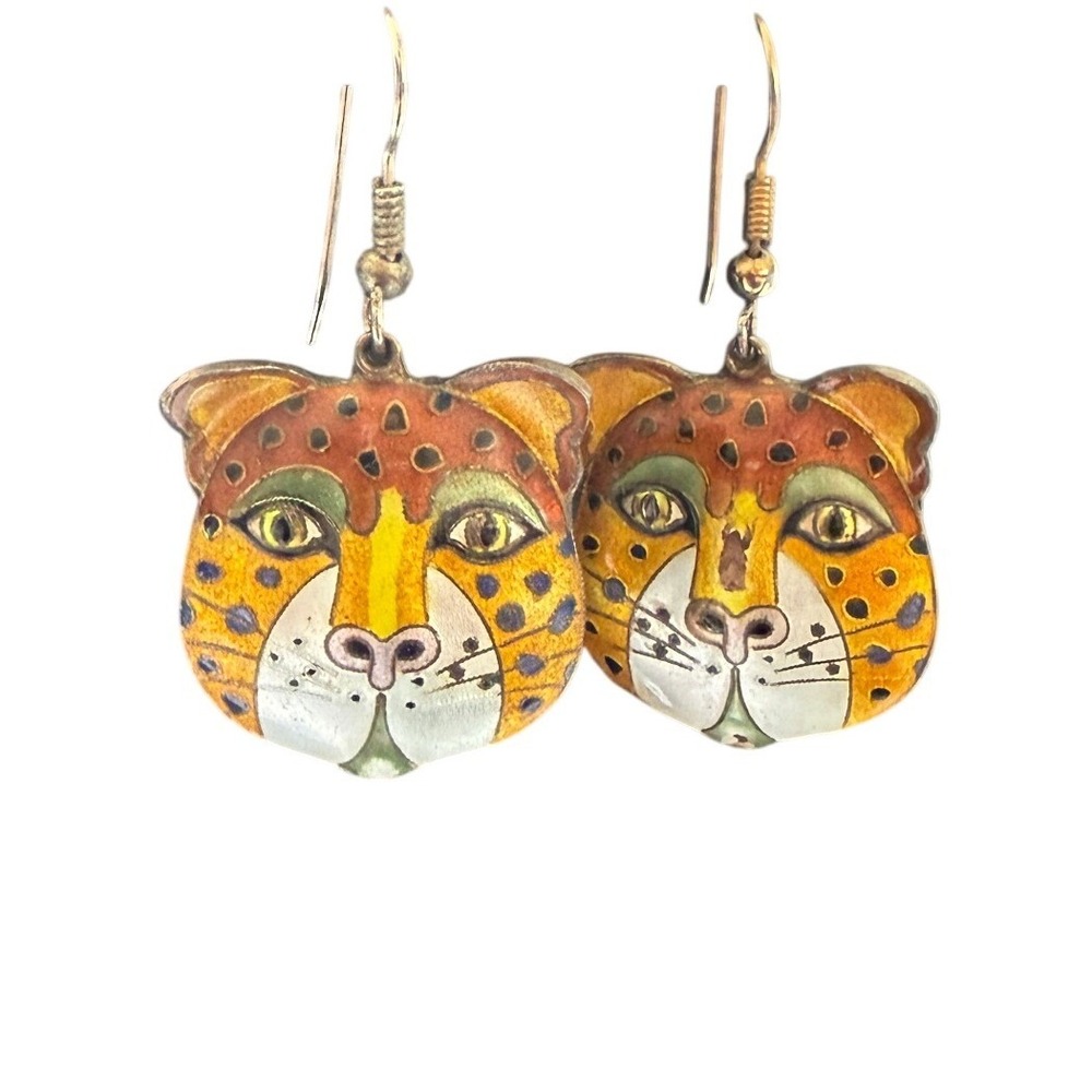 Vintage Laurel Burch Enamel Leopard Cat Gold over Sterling Silver Drop Earrings